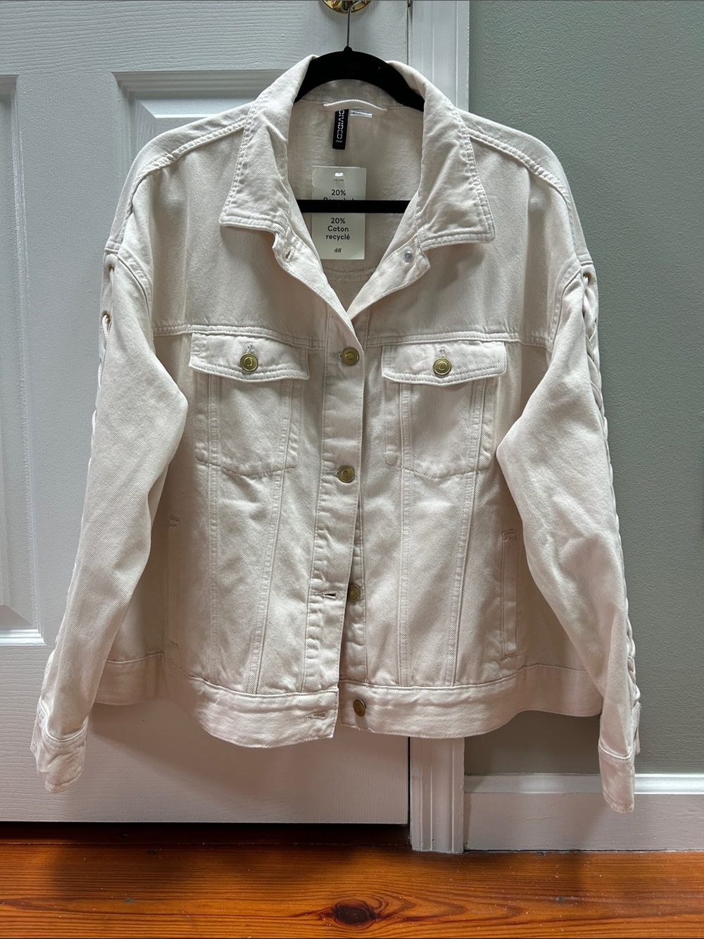 H&M Cream Lace-Up Sleeve Denim Jacket